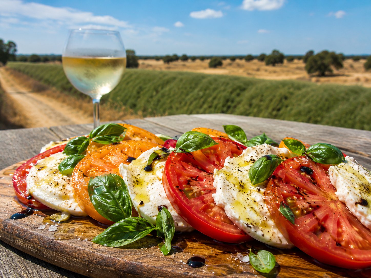 A caprese of garden tomatoes and mozzarella on a weathered board, a glass of chilled wine, the flood-control berm and golden Sacramento valley behind.
