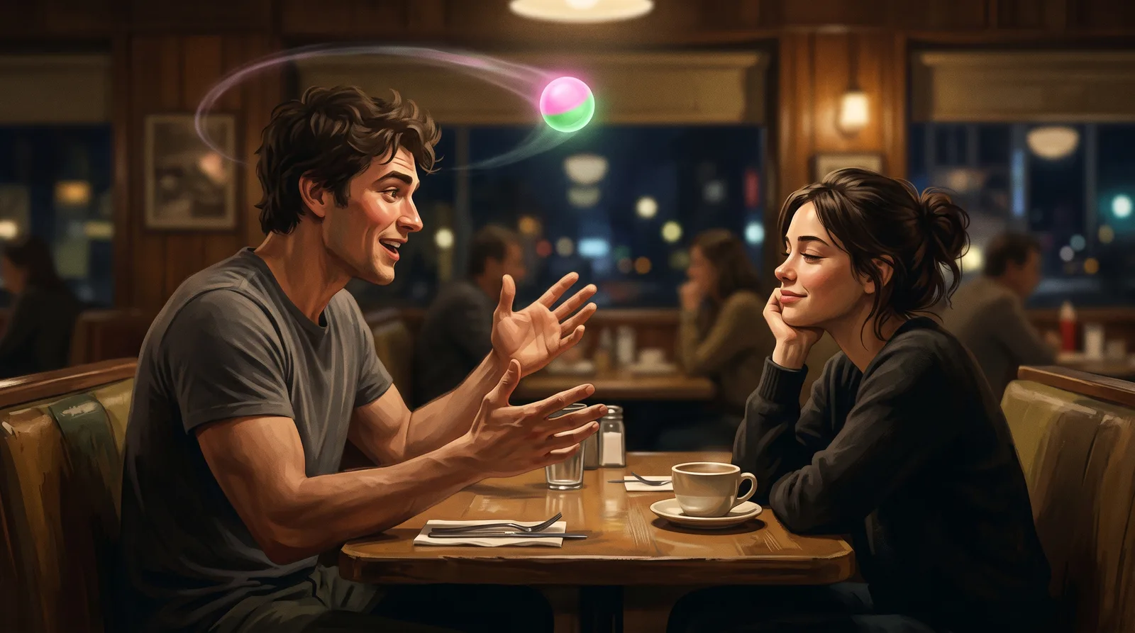 A man at a diner table gestures with both hands mid-explanation while a small glowing pink-and-green sphere orbits his head; across from him a woman rests her chin on her hand, smiling.
