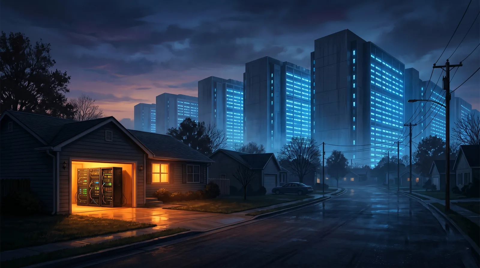 A rain-slick suburban street at night: cold blue-lit corporate data-center towers loom on the horizon while one small house has an open garage glowing warm amber, a GPU rack visible inside.