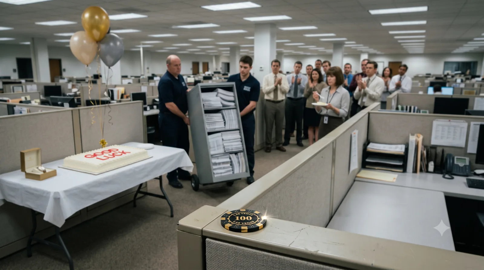 An office farewell party for a giant if-statement: movers wheel out a filing cabinet stuffed with paper while coworkers clap, a sheet cake reading GOOD LUCK and a gold retirement watch sit on a table, and in sharp focus on an empty desk in the foreground sits a single Las Vegas poker chip that replaced the whole department.