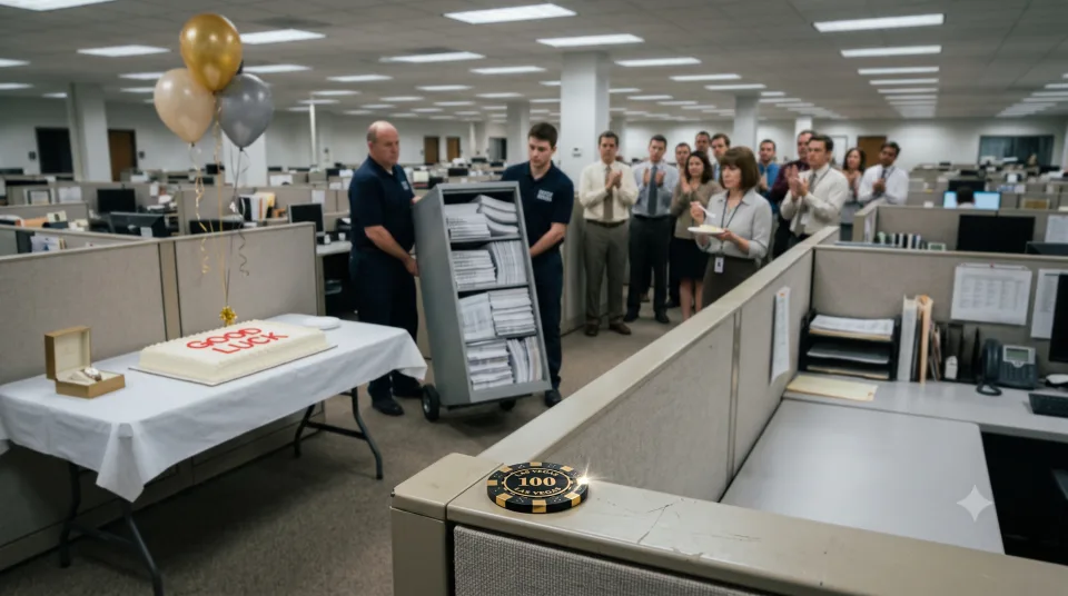 An office farewell party for a giant if-statement: movers wheel out a filing cabinet stuffed with paper while coworkers clap, a sheet cake reading GOOD LUCK and a gold retirement watch sit on a table, and in sharp focus on an empty desk in the foreground sits a single Las Vegas poker chip that replaced the whole department.