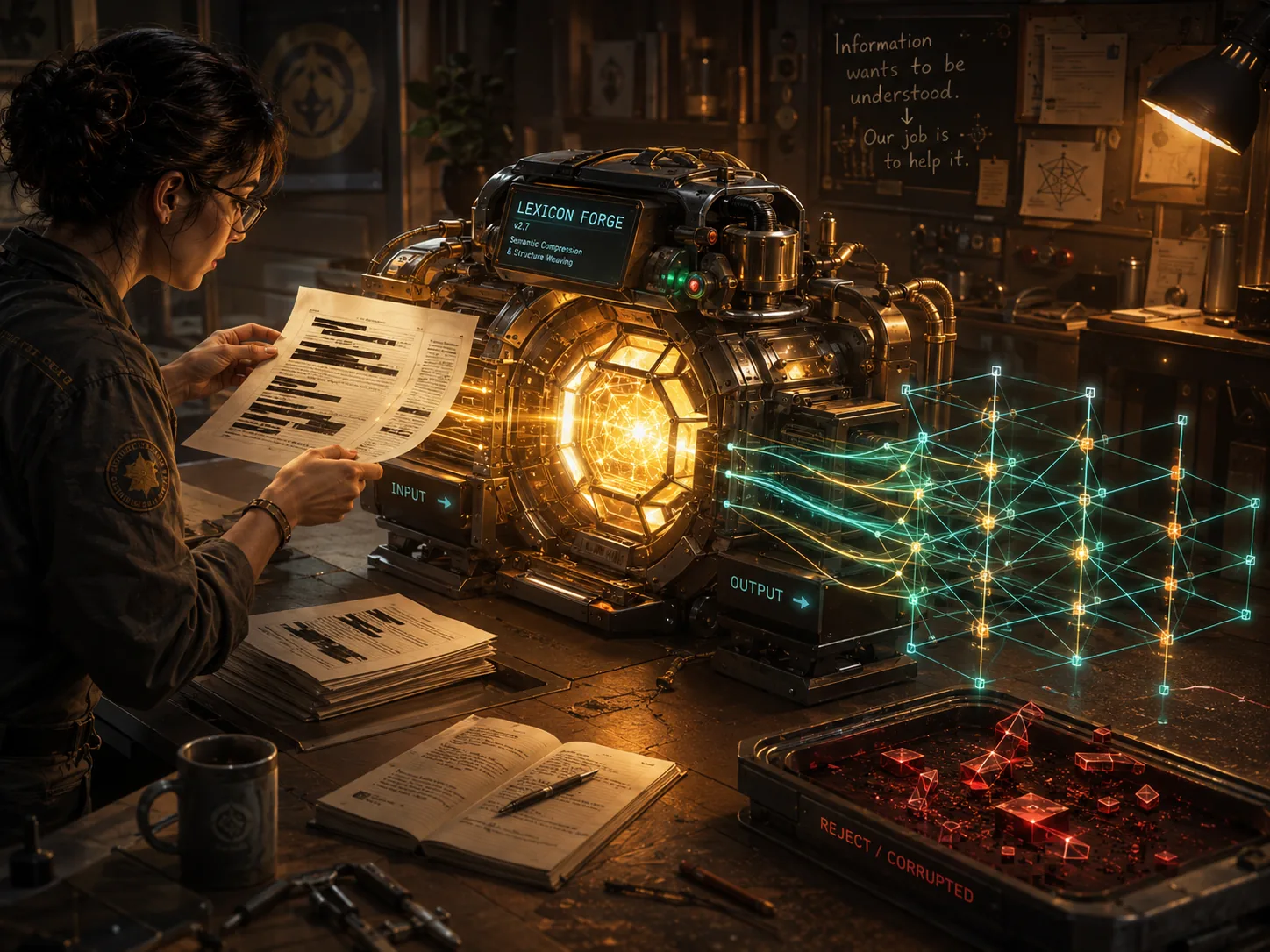 A warm sci-fi forge scene where human text knowledge is transformed into structured machine-readable vectors.