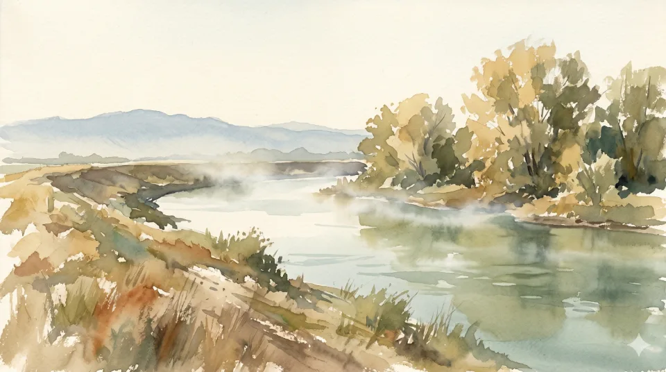 Watercolor landscape of the Feather River with distant hills, cottonwoods, and slow reflective water.
