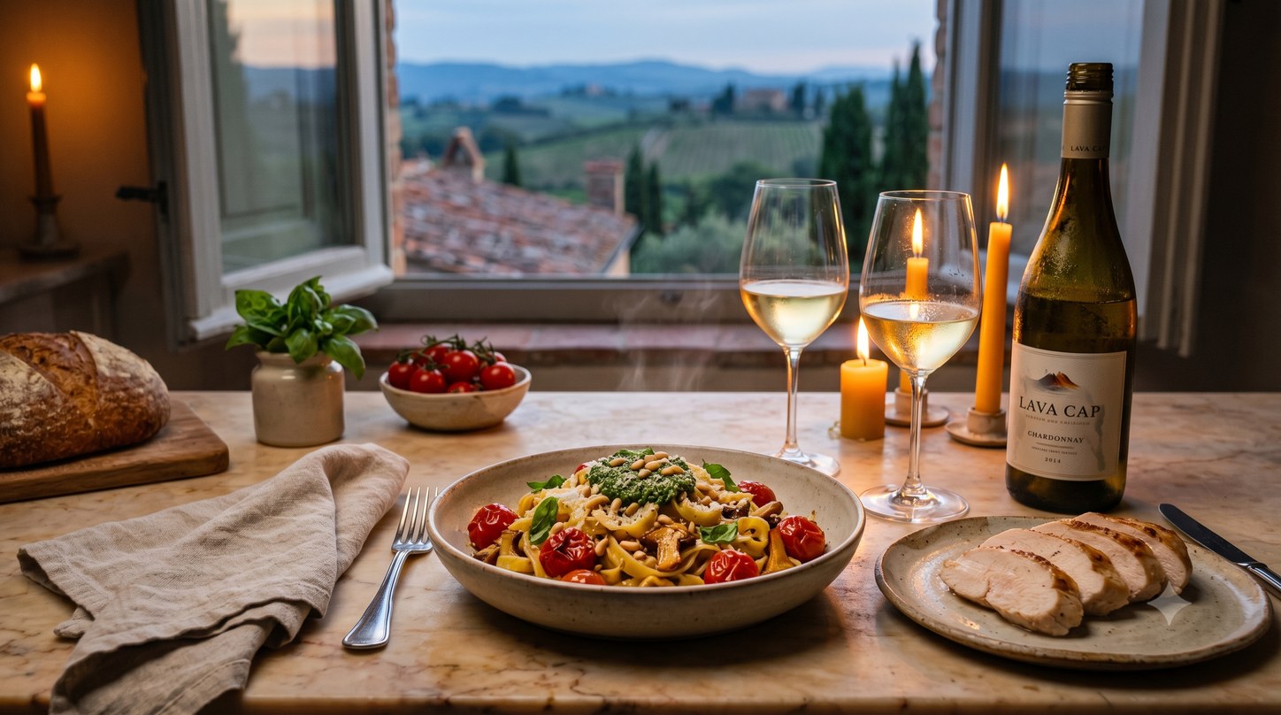 A candlelit counter set for two: burst garden-tomato and mushroom pasta, sliced sous-vide chicken, and a glass of pale-gold Chardonnay.